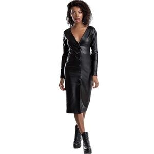 MDNT:45 Faux Leather V Neck Button Down Midi Dress Size XS
